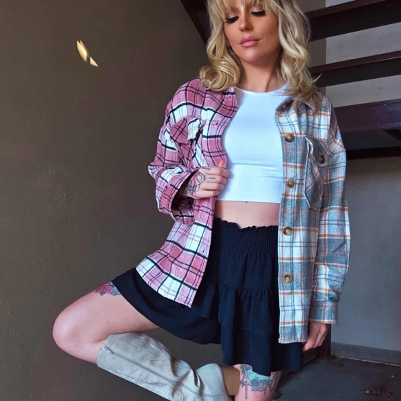 Jackets & Blazers - Pink And Gray Color Block Plaid Shacket